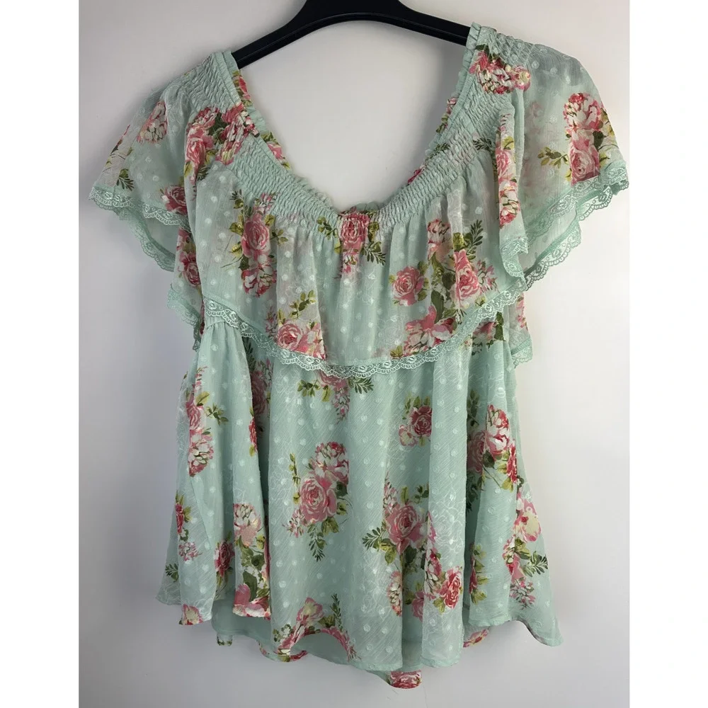 Torrid Off Shoulder Sheer Lace Swiss Dot Top Plus Size 2 2X Green Pink Boho Chic - Picture 6 of 10